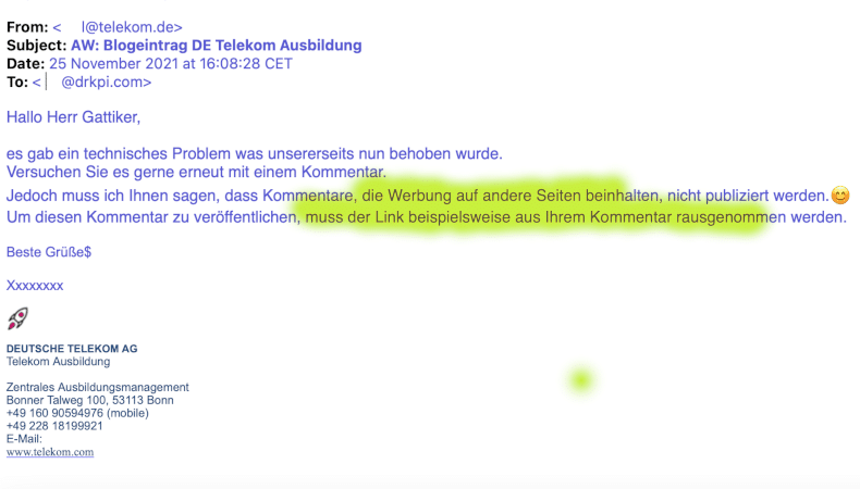 Deutsche Telekom Ausbildung - Team versteht nicht, das URLs im Leserkommentar nicht einfach Werbung ist, sondern dem Leser Mehrwert bietet.