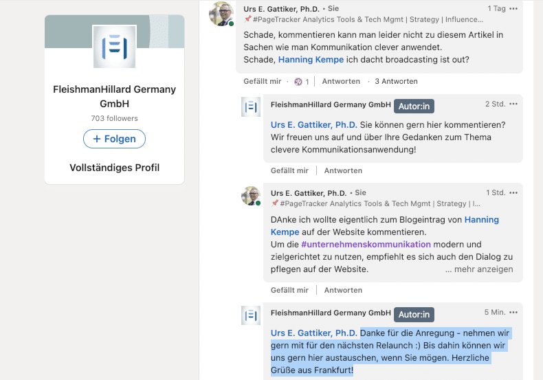 FleishmanHillard will keinen Dialog auf dem Corporate Blog. Linkedin-Dialog ist gewünscht: Warum nur diese Art von Leser-Dialog? Best Practice will Leser-Kommentare auf der Website des Unternehmens.