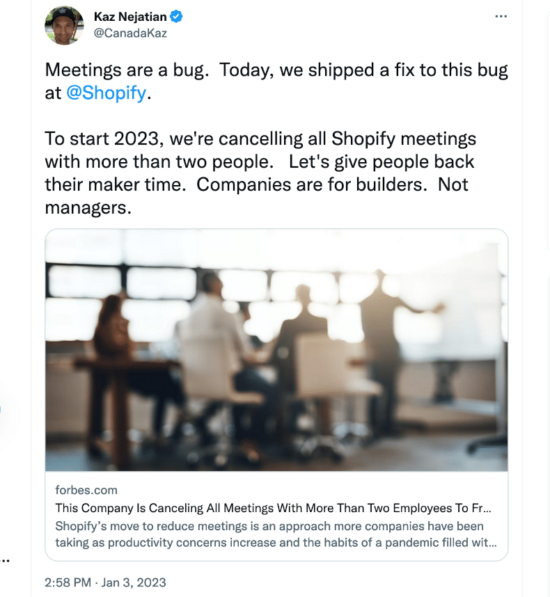 Shopify CEO Kaz Nejatian offeriert einen Hack um die Produktivität zu verbessern - keine Meetings !