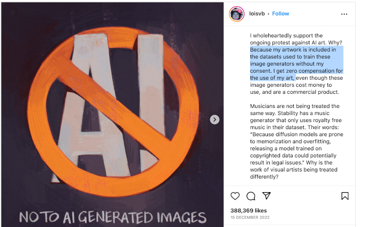 Lois van Barle auf Instagram Loisvb spricht Klartext: Ich bin gegen KI-Bildgeneratoren, die anhand von Datensätzen mit urheberrechtlich geschütztem Material trainiert wurden.