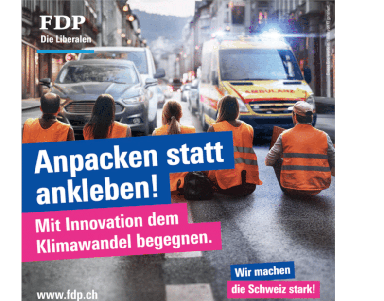 Wahlkampfbild der FDP: Dass das Bild mit KI generiert worden ist, weist die Partei aus. Das mit KI auf dem Plakat generierte Szenario hat sich jedoch so in der Schweiz noch nie abgespielt.
