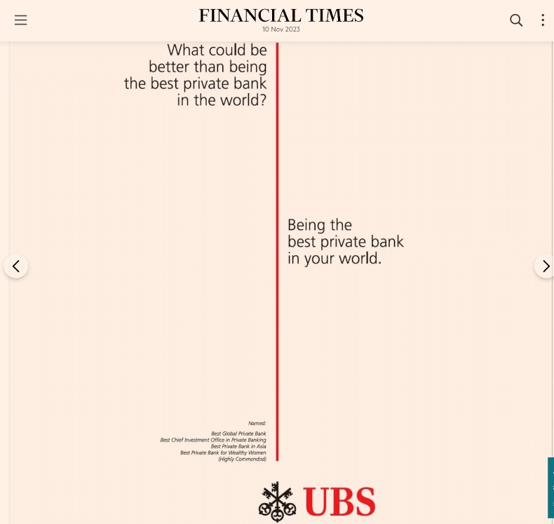 UBS Marketing und Branding: Reflektiert dieses Inserat unverfrorene Arroganz? Wie bringen wir die Brand Message des Inserates in Einklang mit den kulturellen Werten der Alphornbläser, Fabrikarbeiter, Kleinaktionäre und Angestellten der "neuen" UBS?