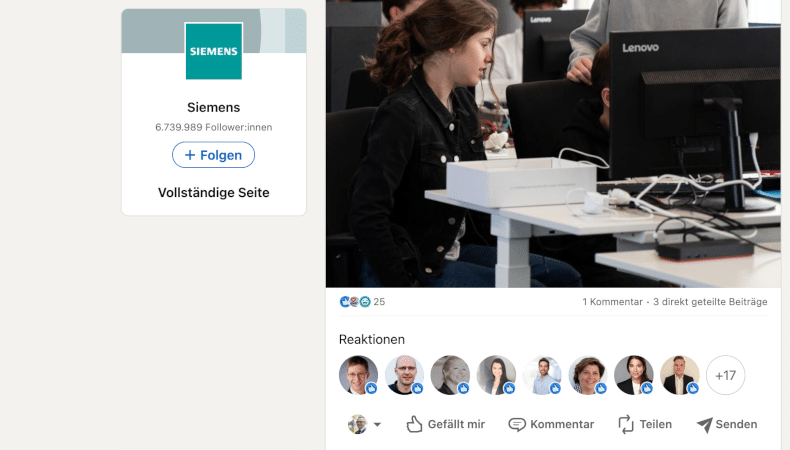 Informatiktage bei Siemens Schweiz: Trotz fast 7 Mio Followers ist der Organic Reach - die Resonanz - auf diesen Beitrag bescheiden. 1/3 Likes von Mitarbeitern, geteilte Beiträge = 2/3 von Staff.

1 Kommentar von #DrKPI #PageTracker #CyTRAP Labs.

ROI in Sachen Engagement ist auch auf LinkedIn für Corporate Accounts wie auch Twitter / X bescheiden.