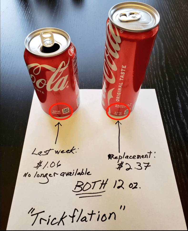 Übertreibung im Marketing oder Verarschung der Kundin: Coca Cola macht es vor mit Trickflation - gleiche Menge, doppelter Verkaufspreis für neue Dose.
