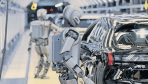 Humanoide Roboter in Autofertigung mit Bewegungsverfolgungsanzug