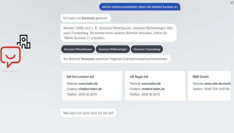 Der DB-Chatbot Smile beantwortet Kundenanfragen mit KI. Seine Antwort zeigt zwei Schwächen was Chatbot Usability betrifft: Er nennt nicht zuerst die Bahn mit den meisten Verbindungen und erwähnt den Busbetrieb der Stadt Konstanz nicht, obwohl auch dieser zum Verkehrsnetz gehört.