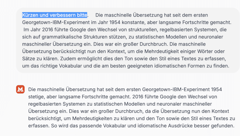 DeepL vs Mistral Ratgeber: <br>KI-Übersetzung und Textbearbeitung Mistral Le Chat: Von DeepL übersetzter englischer Text ins Deutsche. Von Urs verbessert. Le Chat Auftrag: Bitte kürzen und verbessern. Resultat - von 7.5 Zeilen auf 6.0 Zeilen.