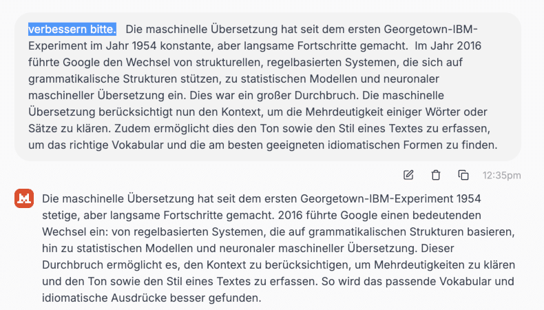DeepL vs Mistral Ratgeber: <br>KI-Übersetzung und Textbearbeitung Mistral Le Chat: Von DeepL übersetzter englischer Text ins Deutsche. Von Urs verbessert. Le Chat Auftrag: Bitte verbessern. Resultat - von 7.75 Zeilen auf 6.5 Zeilen.