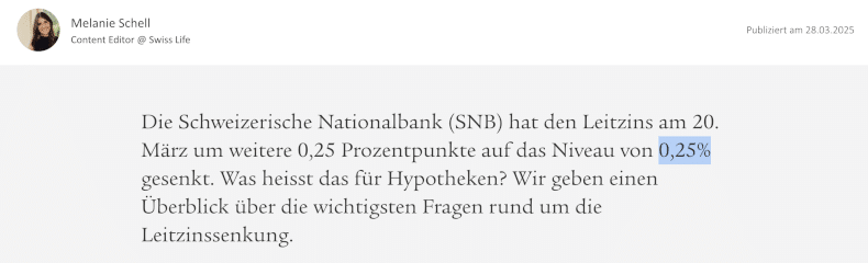Welche KI-Kompetenzen brauchen wir? <br>AI-Glossar – Teil 3 Swiss Life - Corporate Website: Eintrag wegen Fall des CH Leitzinses im März 2025. Angaben stimmen.