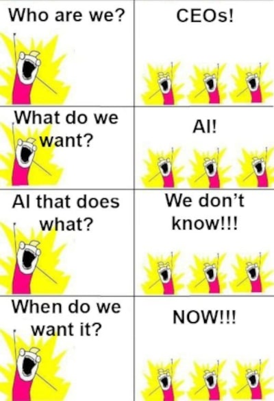 AI and CEO: What it takes is a clearly defined goal for the AI project. As well, metrics and KPIs are a must. The gist: Don't feel sorry for your CEO, just get her to design, implement and roll-out an AI project together with you, the AI expert, within 5 months. Questions just talk to us, it is possible.