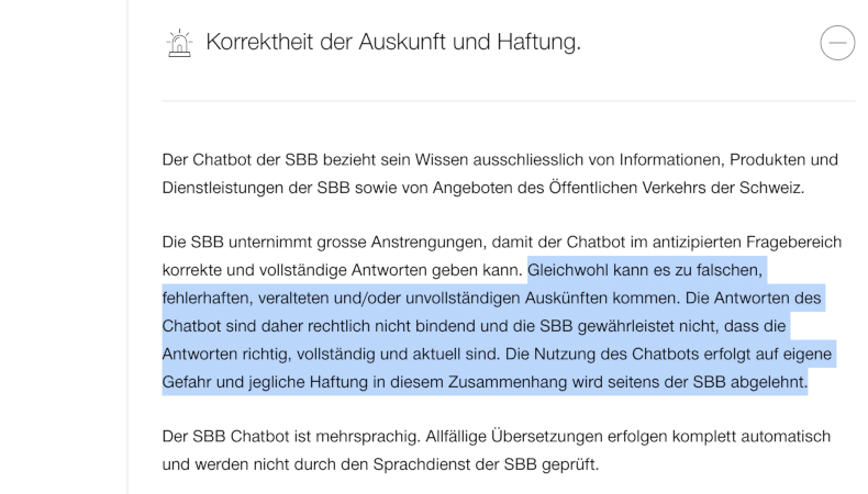Schweizerische Bundesbahnen: Die SBB lehnt jede Verantwortung für ihren Chatbot ab. Wer verlässliche Hilfe will, muss kostenpflichtig anrufen oder sich im Reisezentrum beraten lassen.