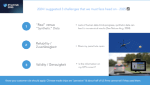 Messen was zählt – mit DrKPI® Folie: Drei KI-Herausforderungen 2025 – Real vs. Synthetische Daten, Zuverlässigkeit (Fallschirm), Genauigkeit (GPS) und Know Your Customer-Regel für Technologie.