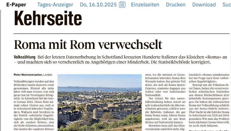 KI und Datenqualität: KMU Tages-Anzeiger: Panne bei Volkszählung. Italiener in Schottland verwechseln Rom mit Roma