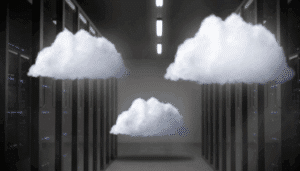 Cloud-Infrastruktur mit Servern und KI-Symbolik, kritische Systeme visualisiert