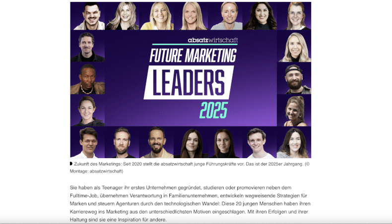 Future Marketing Leaders 2025 Absatzwirtschaft Auszeichnung mit 20 Personen hauptsaechlich aus Grosskonzernen ohne transparente Auswahlkriterien