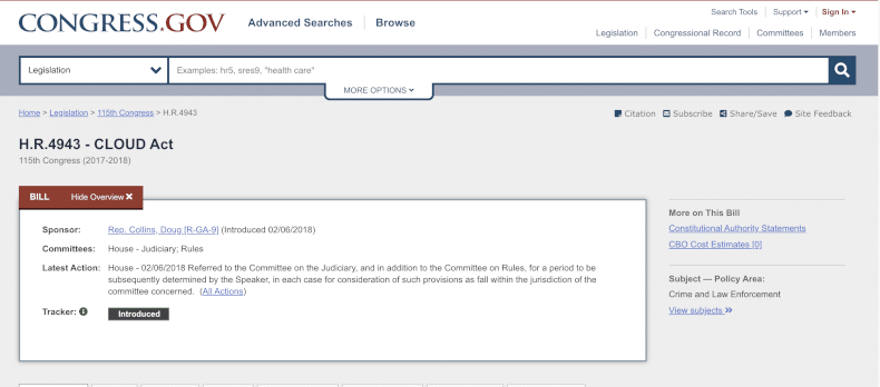 Screenshot der US-Gesetzesvorlage H.R.4943, dem CLOUD Act, 115th Congress (2017–2018), angezeigt auf einer offiziellen Regierungswebsite.