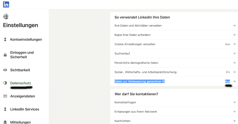 Screenshot der LinkedIn-Datenschutzeinstellungen: Links ist „Datenschutz