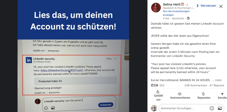Screenshot eines gefälschten LinkedIn-Security-Kommentars, der mit Kontosperre droht und zu einem externen Link auffordert