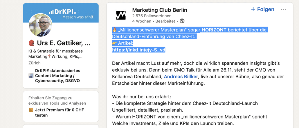 Marketing Club Berlin bewirbt CMO Talk ueber Cheez-It Launch mit millionenschwerem Budget waehrend 99 Prozent KMU keine Beachtung finden