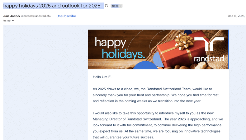 Randstad Newsletter Dezember 2025 mit Weihnachtsgrüßen ohne relevante Inhalte oder Mehrwert für Empfänger