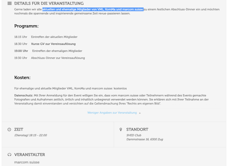 Abschluss-Dinner zur Vereinsauflösung von marcom suisse im Shed Club in Zug am 31. März 2026