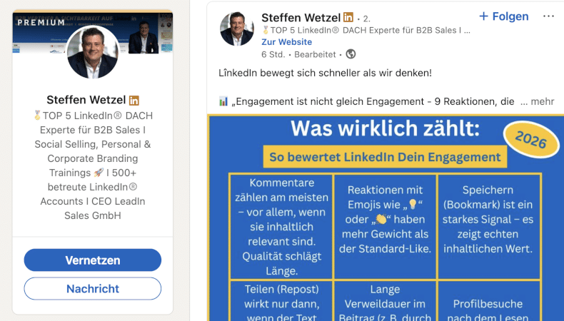 Screenshot eines LinkedIn-Posts von Steffen Wetzel über LinkedIn Engagement 2026. Meine Kommentare und Diskussion mit dem Autor über Impressions vs. echte Views wurden gelöscht.