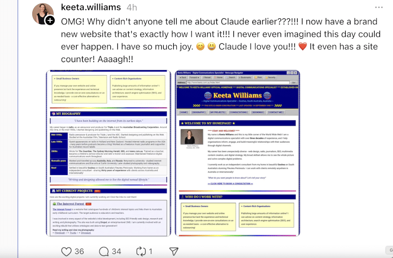 Screenshot Threads Beitrag Keeta Williams KI-generierte Website zwei Webdesign-Ansichten — Grenzen von KI bei Gen Z Brand Trust
