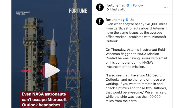 Nasa Artemis-II Mission mit Ausfall von Microsoft Outlook: zwei defekte Outlook-Instanzen, rund eine Stunde Support durch NASA-Mission-Control nötig für Behebung vom Problem.